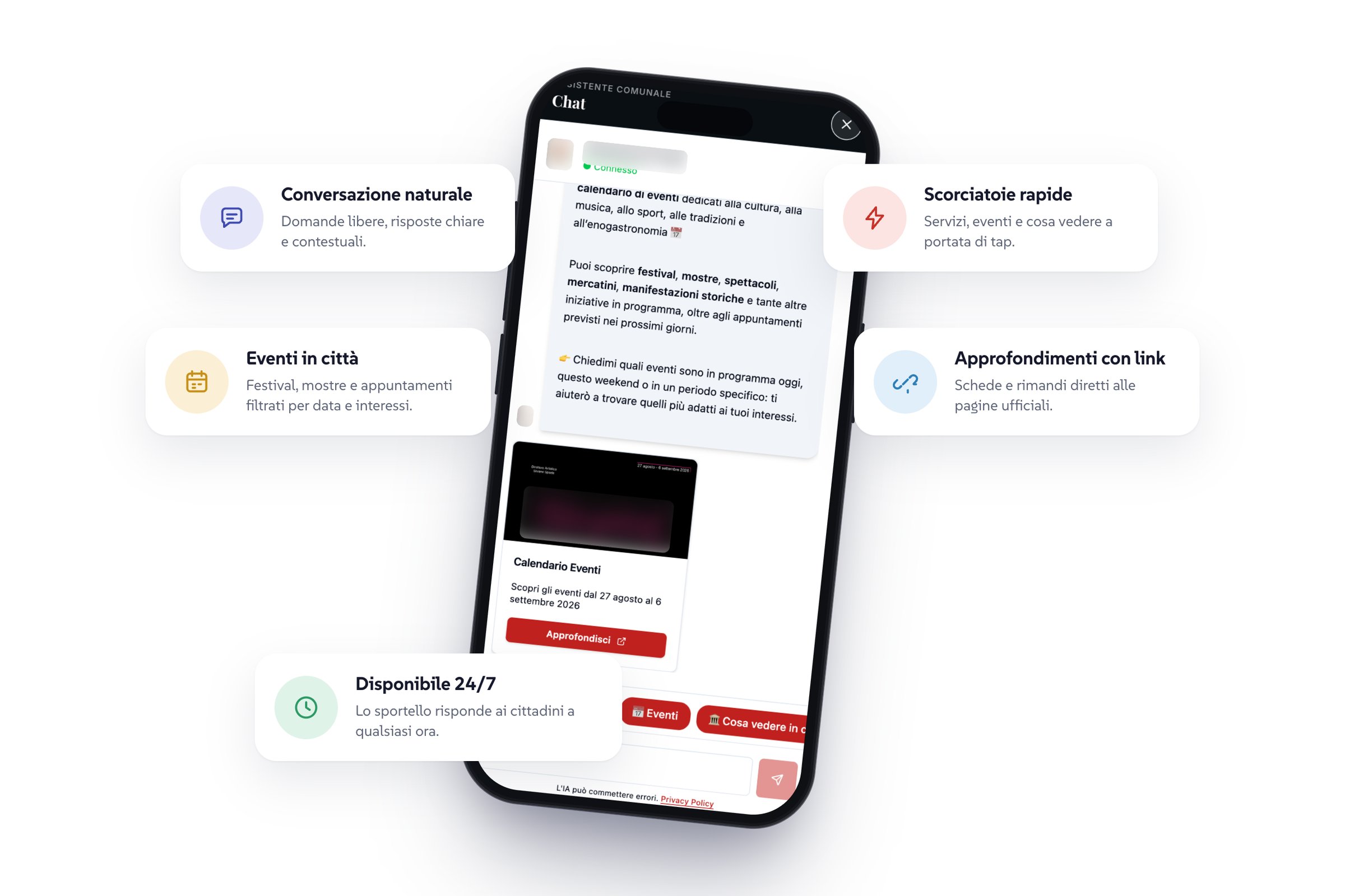 Chat dell’assistente comunale con conversazione naturale, eventi in città, scorciatoie rapide e approfondimenti con link