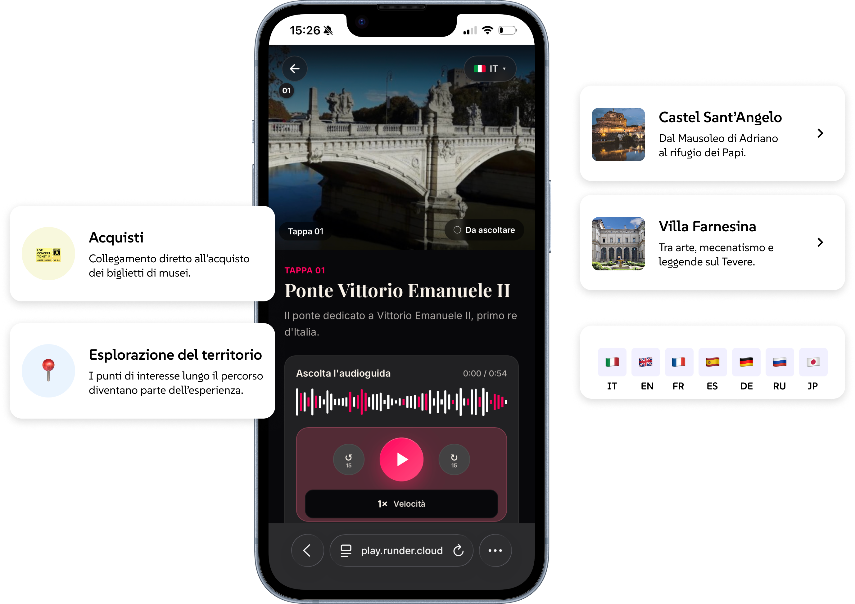 Player RunPlay sulla tappa Ponte Vittorio Emanuele II, con punti di interesse e lingue del percorso