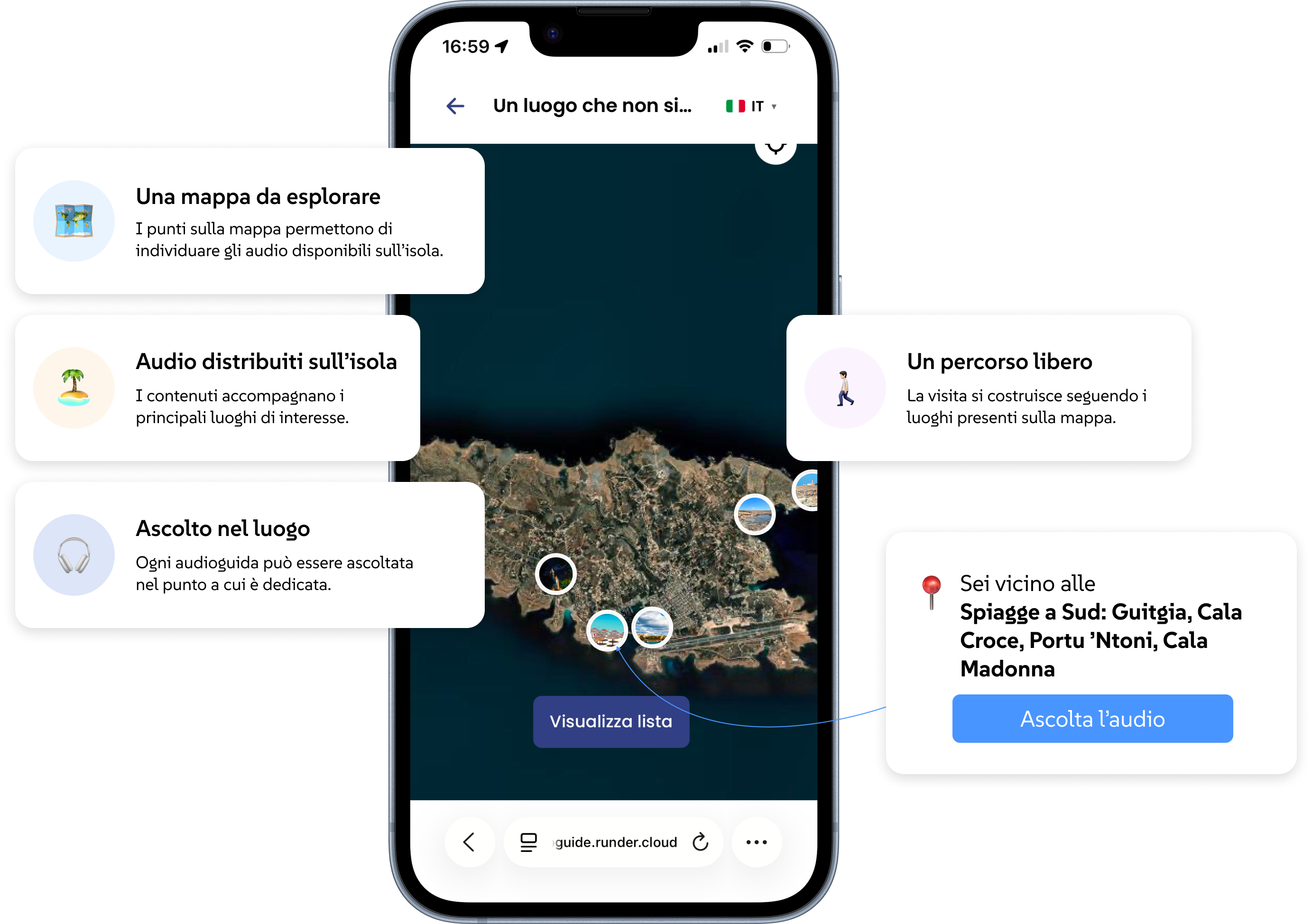 Mappa RunPlay di Lampedusa con tappe geolocalizzate e ascolto nel luogo, anche senza connessione