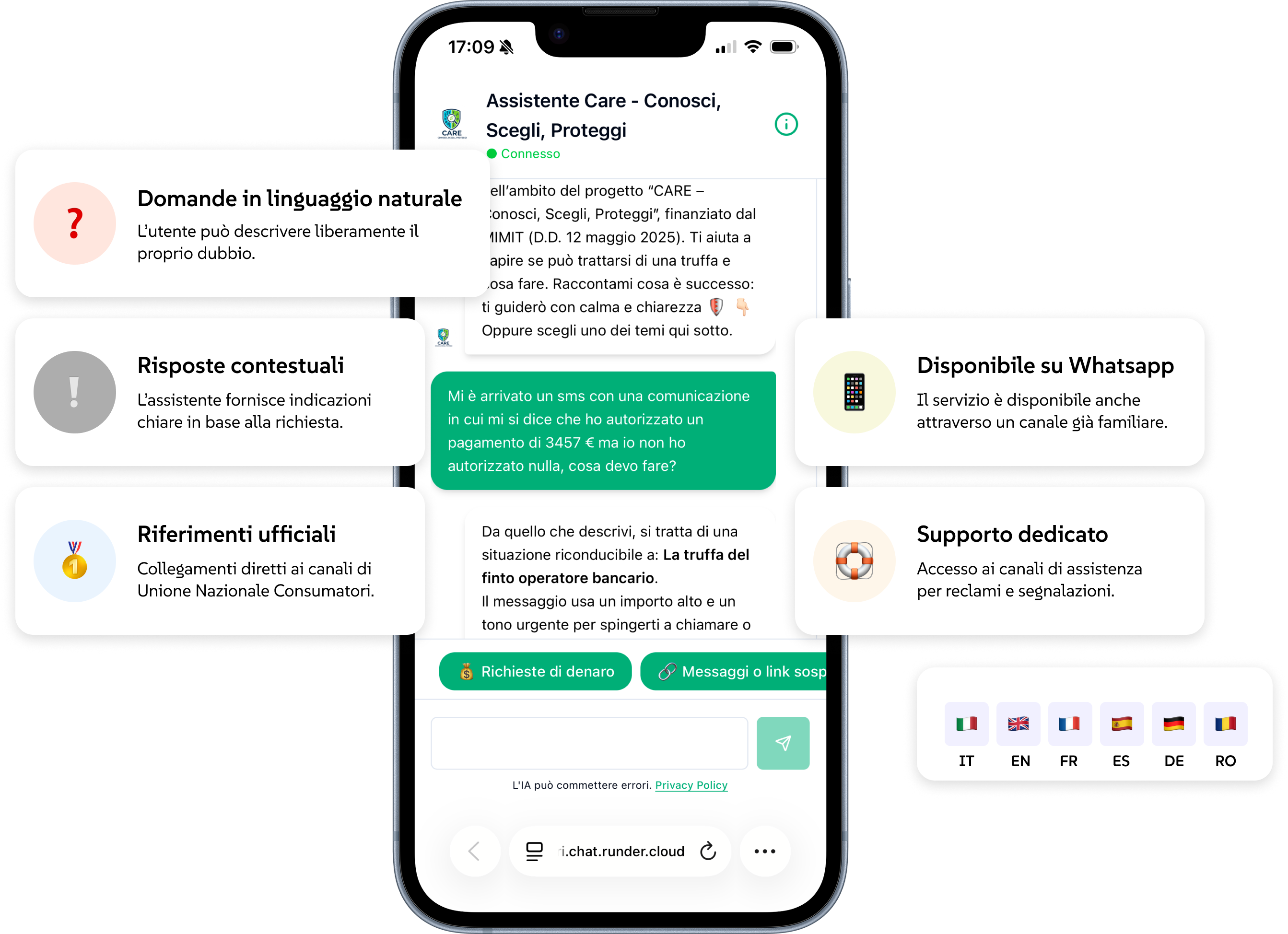 Assistente Care in chat: domanda su un SMS sospetto e risposta contestuale